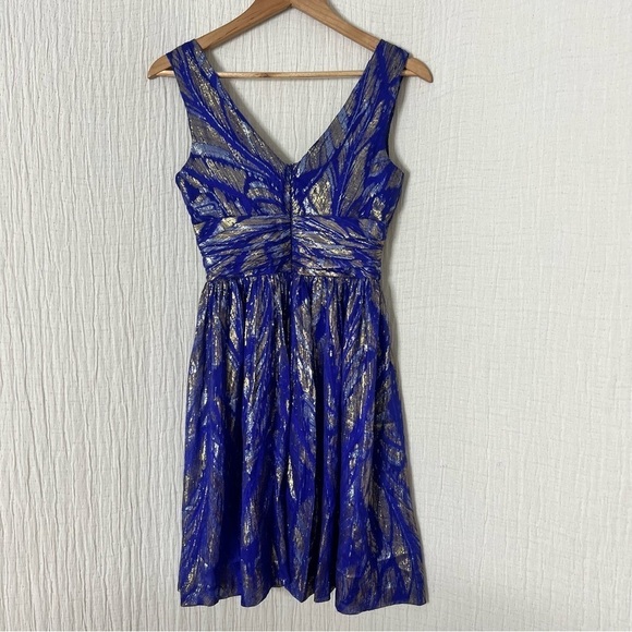 Trina Turk Metallic Silk Fit & Flare Cocktail Dress Blue Purple Size 0 - Picture 4 of 7